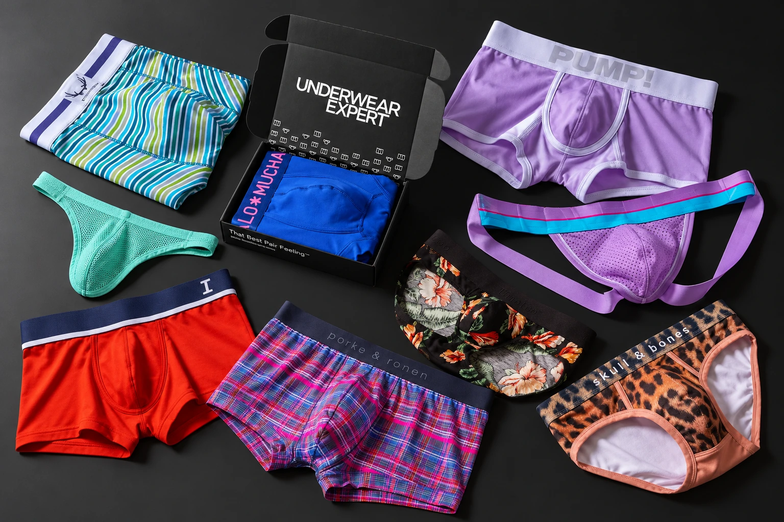 A colorful mix of briefs, trunks, boxer briefs, a jockstrap and a thong arranged around an open Underwear Expert box